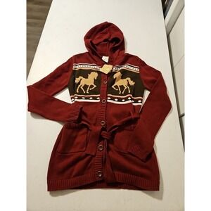 Crazy 8 Hooded Cardigan Long Size XL Red Horse Motif Button Up Pockets (A1020)